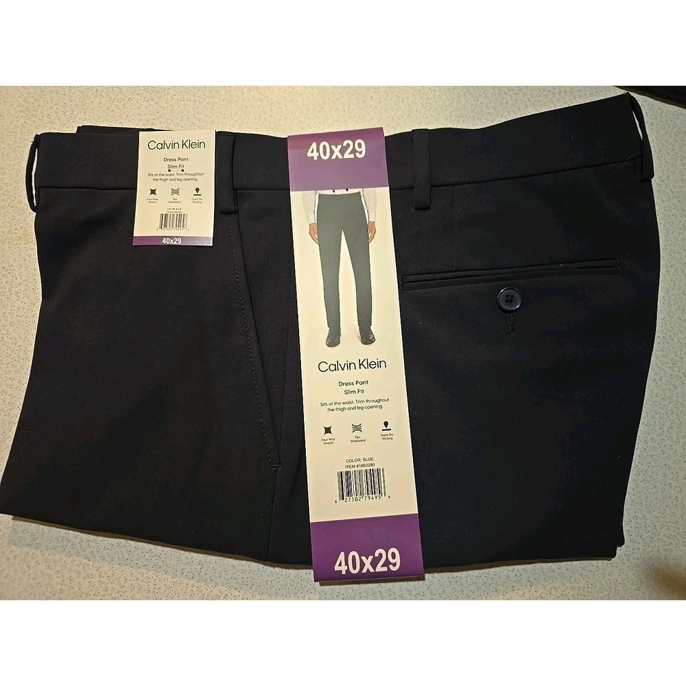 Calvin Klein Dress Pants 40x29 Slim Fit Flex Waistband Quick Dry Wicking Blue